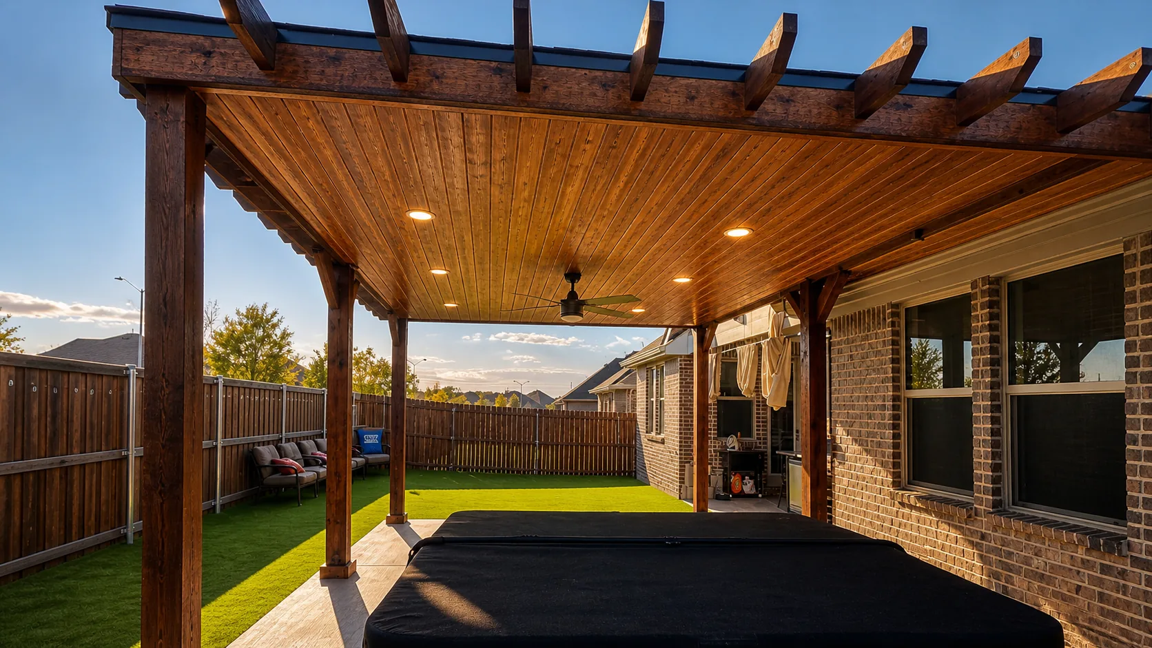 Tongue-and-groove pergola — Grand Prairie · 2025. Pergola + hot tub deck · 3 months · Cedar + Tongue-and-groove ceiling