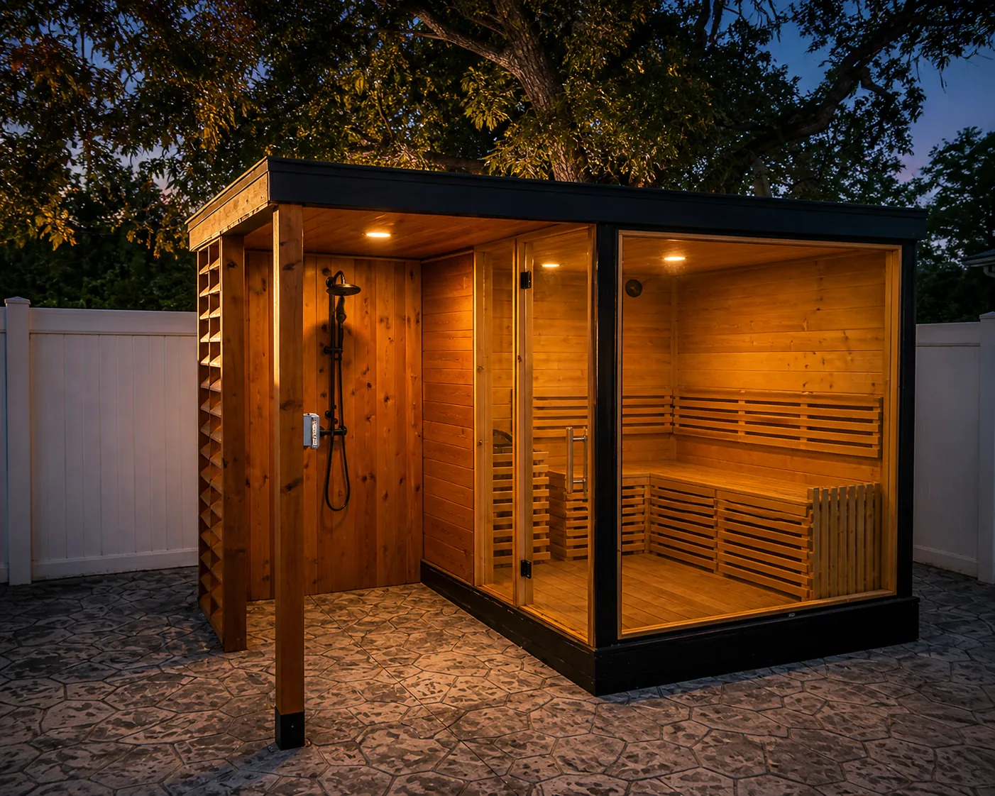 Highland Park cedar sauna — Highland Park · 2025. In-suite cedar sauna · master bath integration · 5 months · Western red cedar + Tempered glass