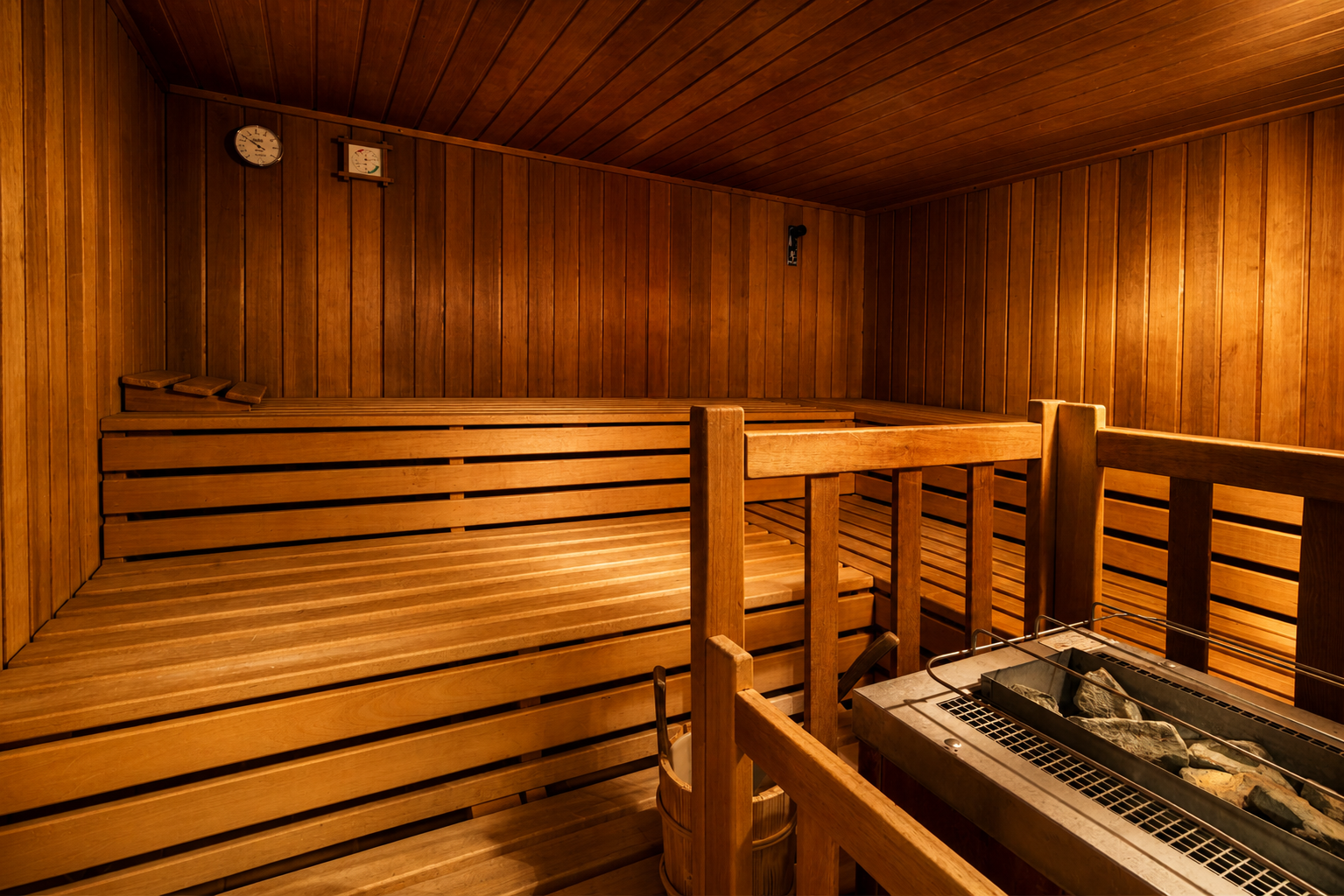 Hand-cut cedar bench inside a recently completed Highland Park sauna build
