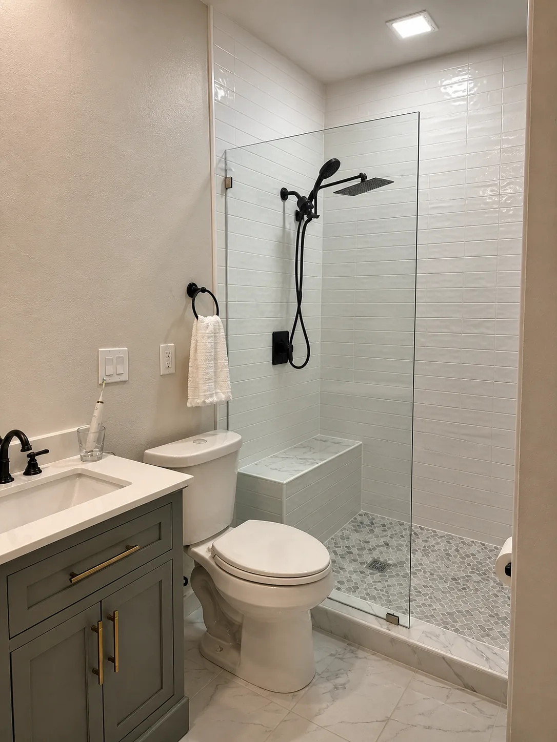 Master bath in brass and sage — Fort Worth · 2024. Full master bath remodel · 5 months